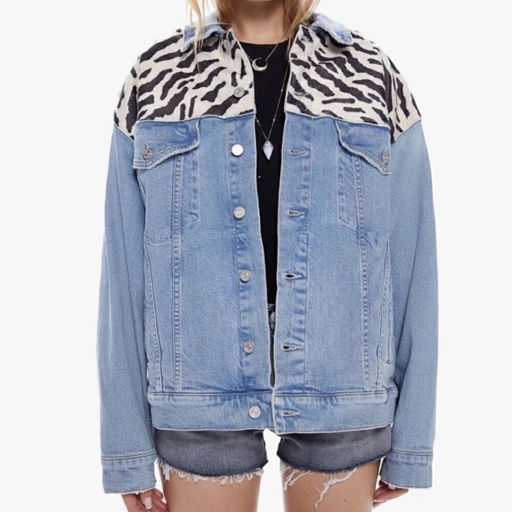 Mother The Drop It Drifter Denim Zebra Blue Jacket Oversized Size XL